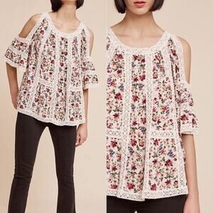 Anthropologie Blue Tassel Maylou Crochet Floral Blouse